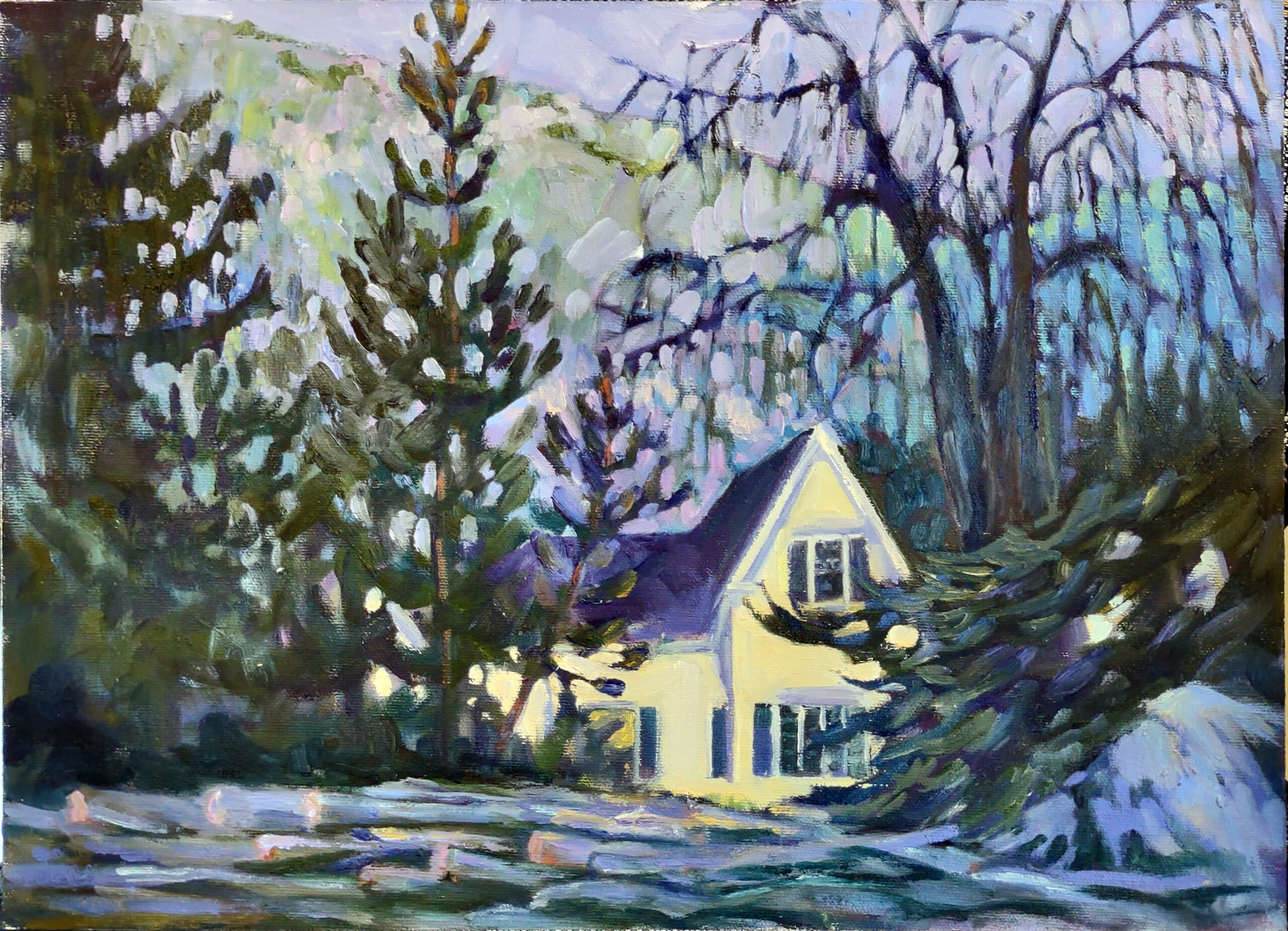 “Midnight at the Wood Lot,” oil on canvasboard, 12X16 $1,449.00 framed includes shipping in continental US.
