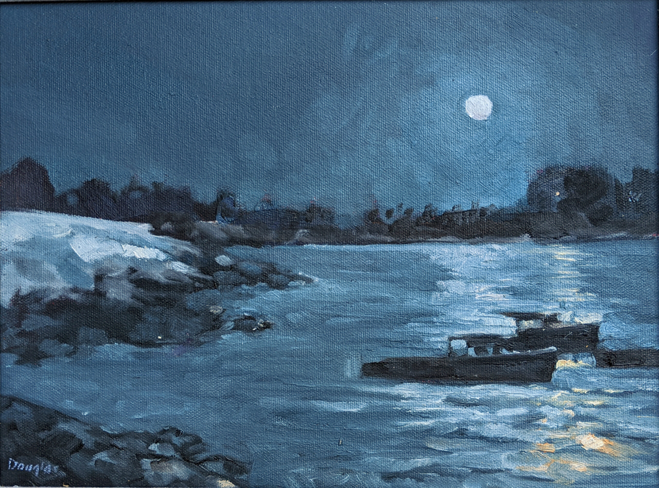 Nocturne on Clam Cove, 9X12, oil on archival canvasboard, $869.00 framed includes shipping in continental US.
