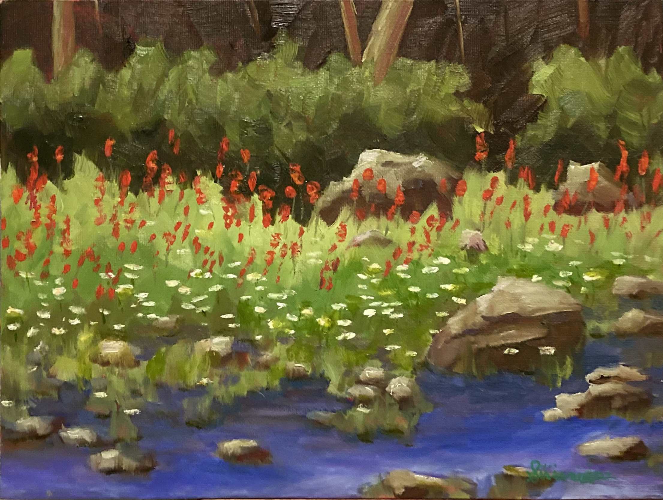 Cardinal flowers along the river, oil on canvasboard, 9X12, framed, S125, Amy Sirianni