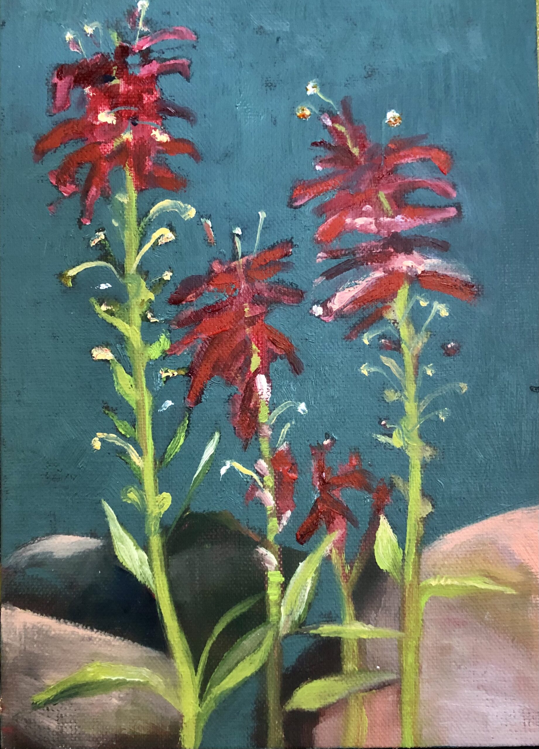 Cardinal Flower, oil on canvas, framed, 5X7, $165. Shelley Pillsbury.