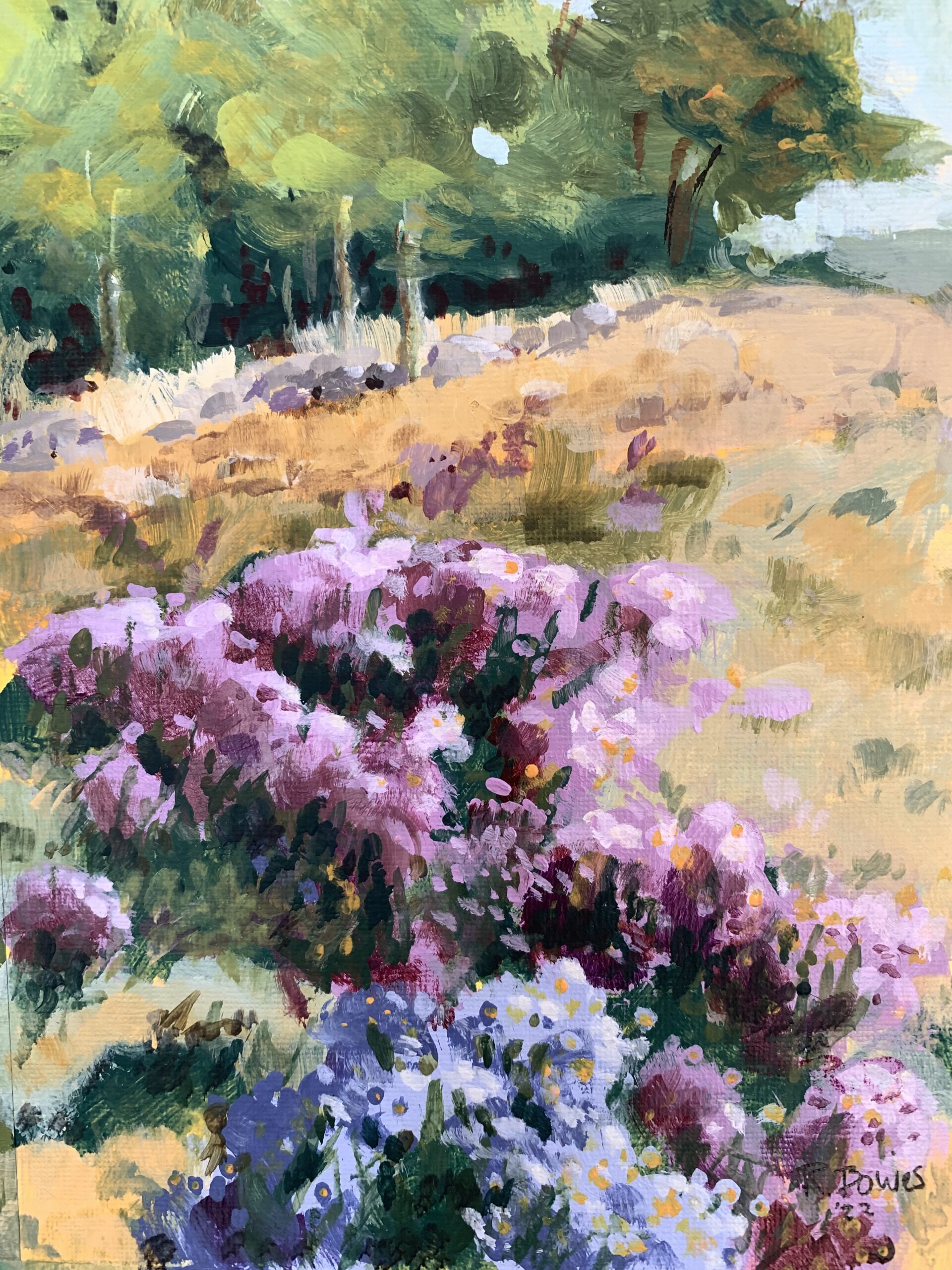 New England Asters, acrylic on canvaspaper, matted, $60. Rebecca Bowes. The artist has designated 100% of this sale to go to the library fund.
