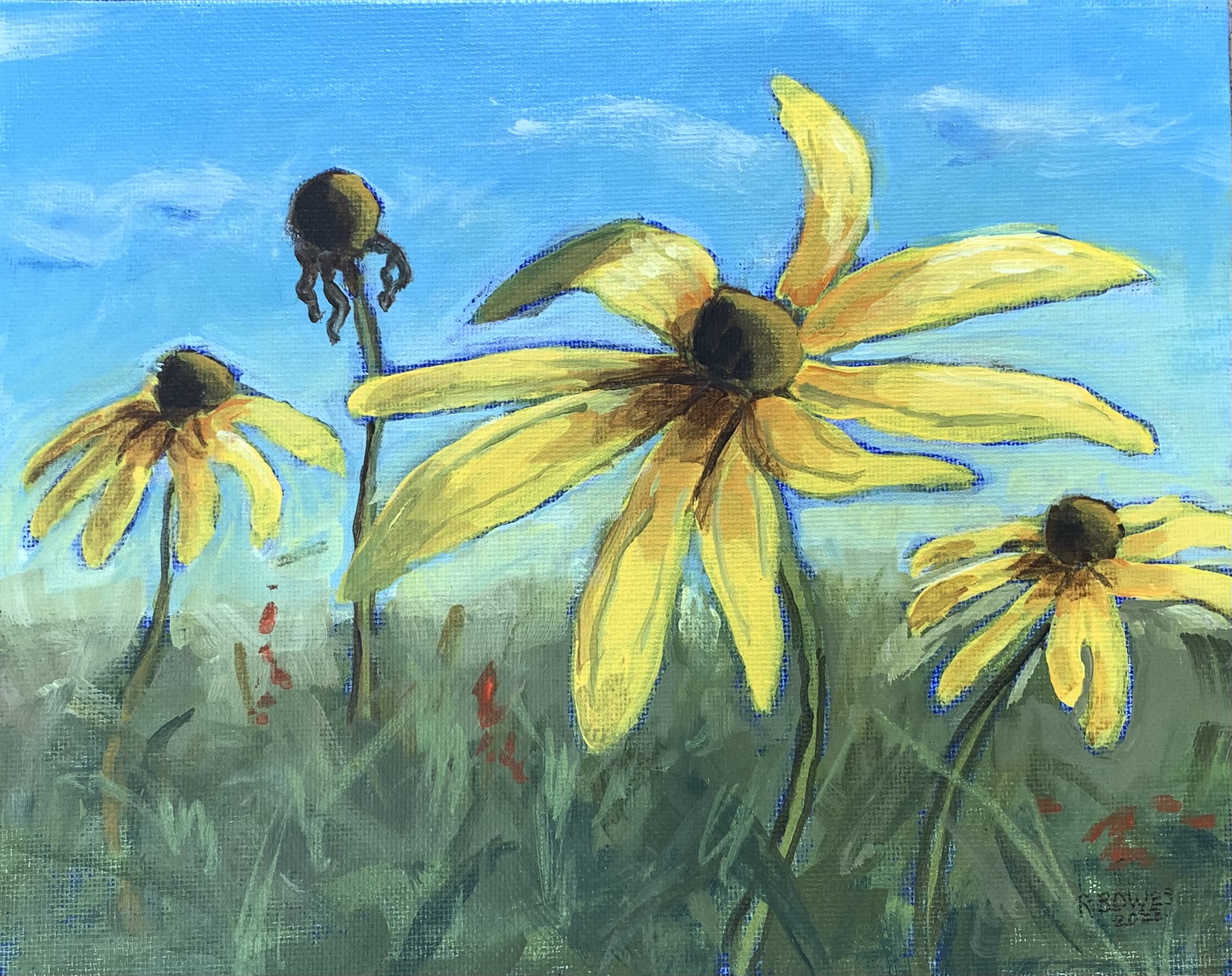 Rudbeckia, acrylic on canvasboard, 8X10, $40, Rebecca Bowes. The artist has designated 100% of this sale to go to the library fund.