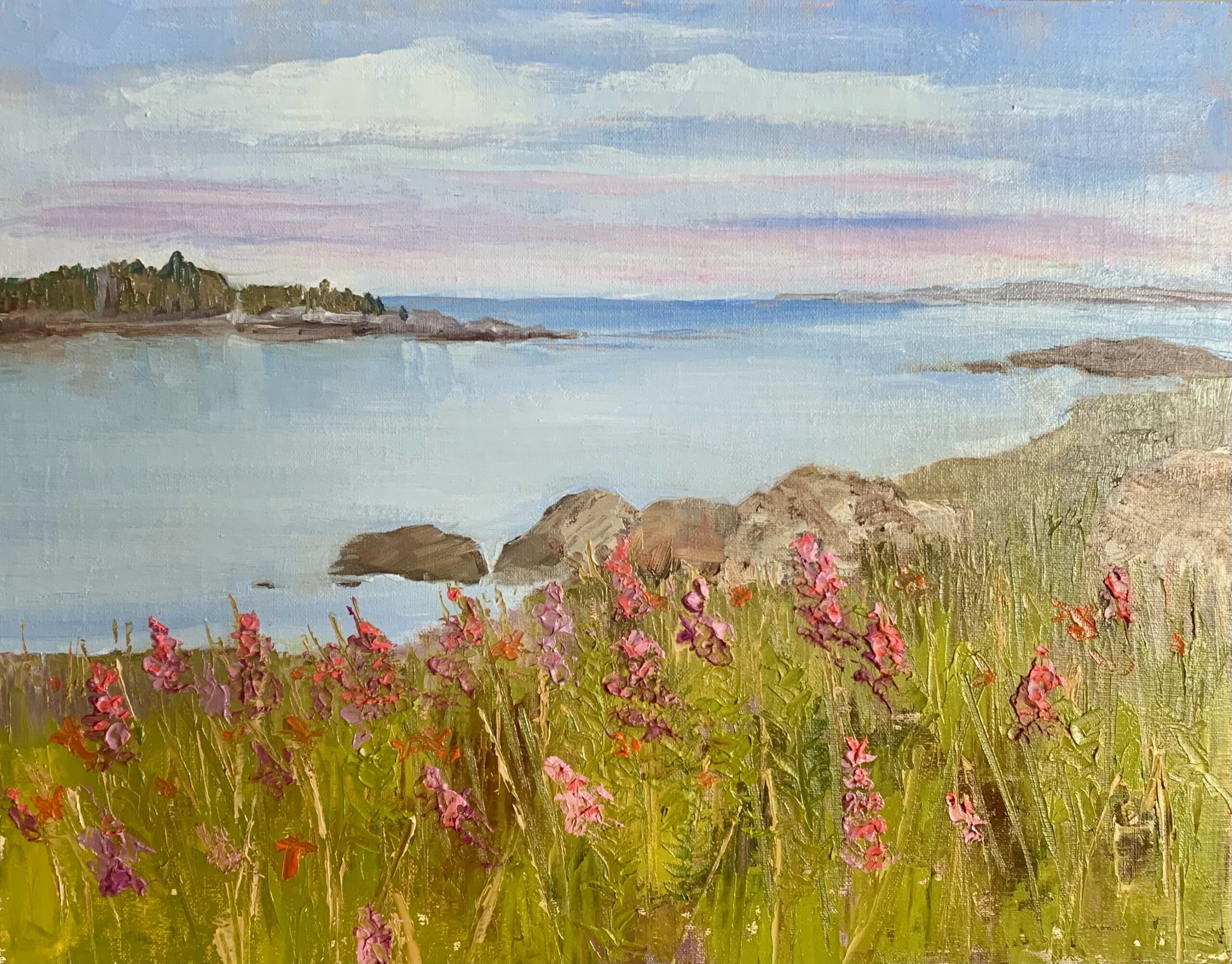 Blooming Sally by the Sea, 11x14, oil on canvasboard, $225, Patty Mabie. The artist has designated 100% of this sale to go to the library fund.