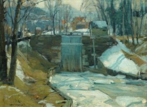 Ice-Bound Locks by John Fabian Carlson, oil on canvas board, 12 x 16 inches, courtesy Vose Gallery